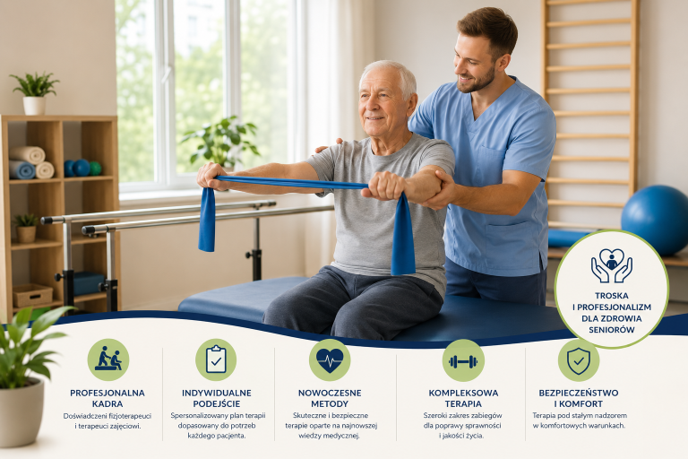 Rehabilitacja w domu opieki – fizjoterapeuta pracujący z seniorem
